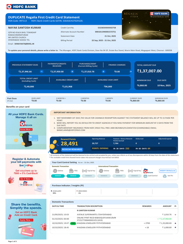 HDFC Credit Card Statement Summary | PDF | Credit Card | Trade