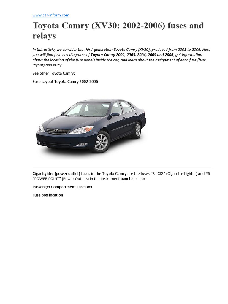 2003 toyota camry cigarette lighter fuse Toyota Camry Fuse Box Diagrams 2002-2006 | PDF | Anti Lock Braking System