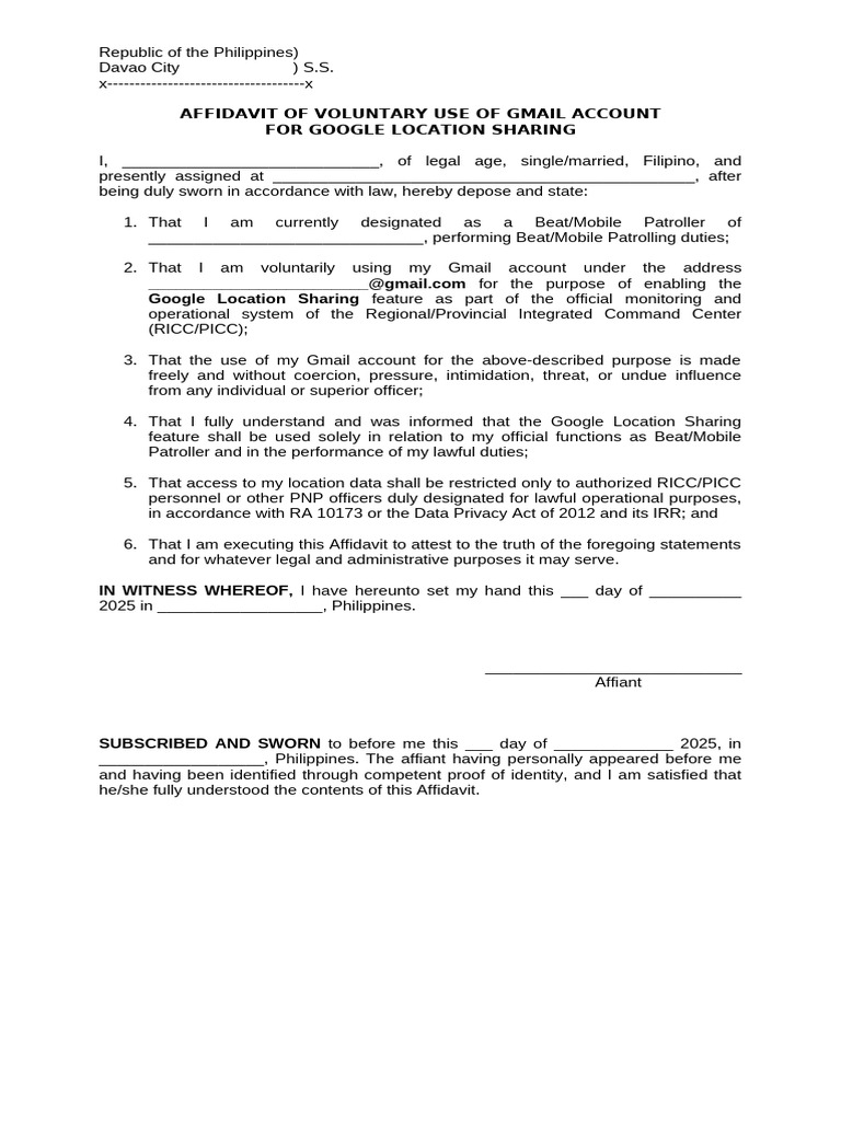Affidavit of Voluntary Use of Gmail For Location Sharing 1 | PDF