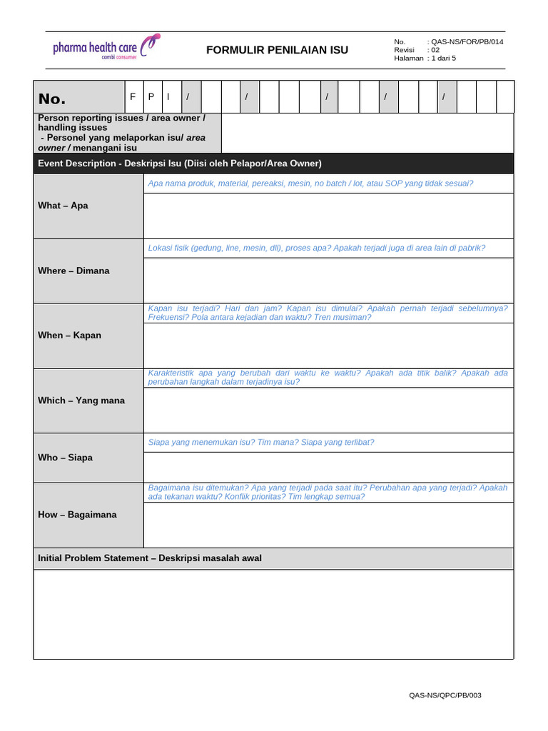 (Qas Ns for Pb 014 Rev.02) Formulir Penilaian Issue | PDF
