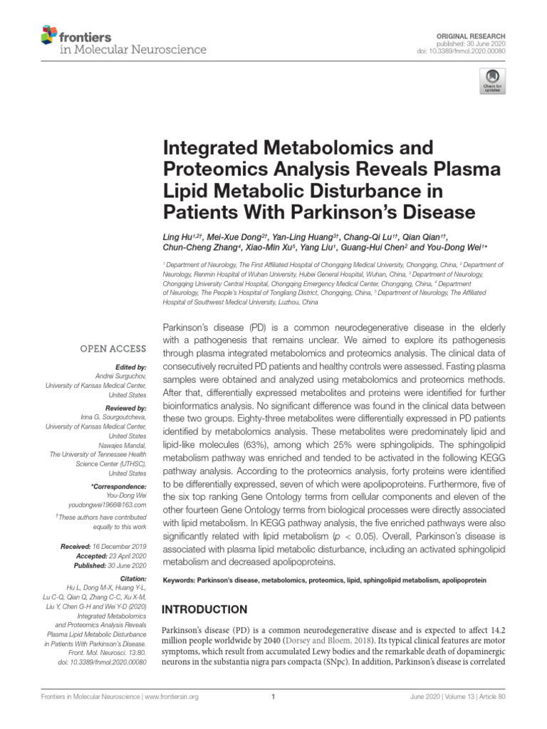 Integrated Metabolomics and Proteomics Analysis Reveals Plasma Lipid ...