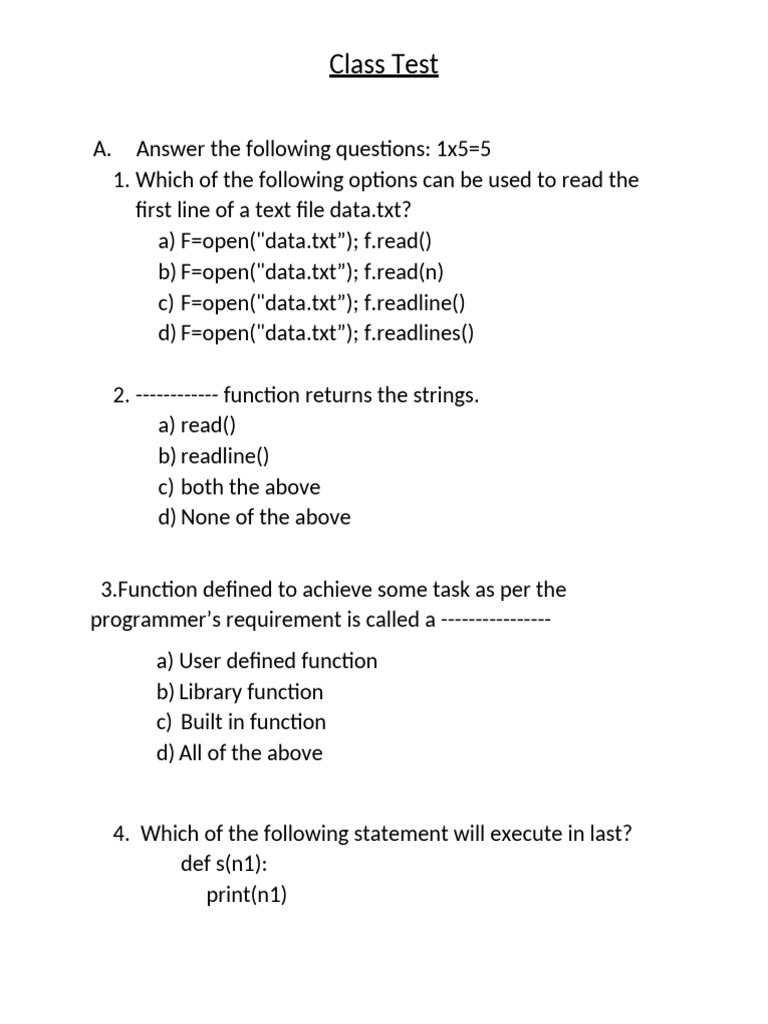 Python Class Test Questions and Tasks | PDF