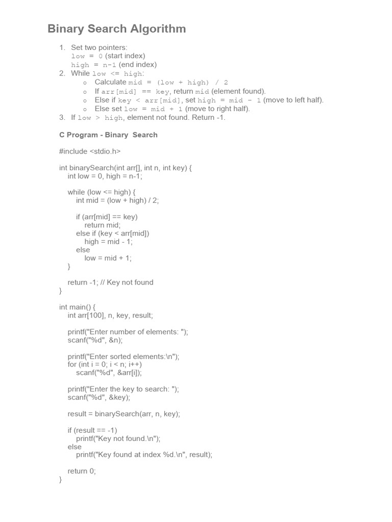 Binary Search Algorithm in C | PDF