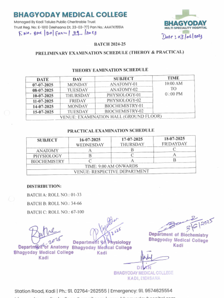 03 Batch 24 25 Preliminary Examination Schedule Theroy Practical | PDF