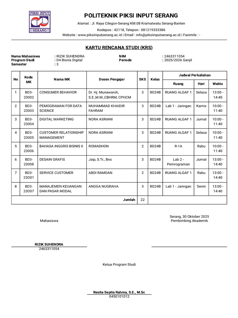 Cetak Laporan KRS Mahasiswa | PDF
