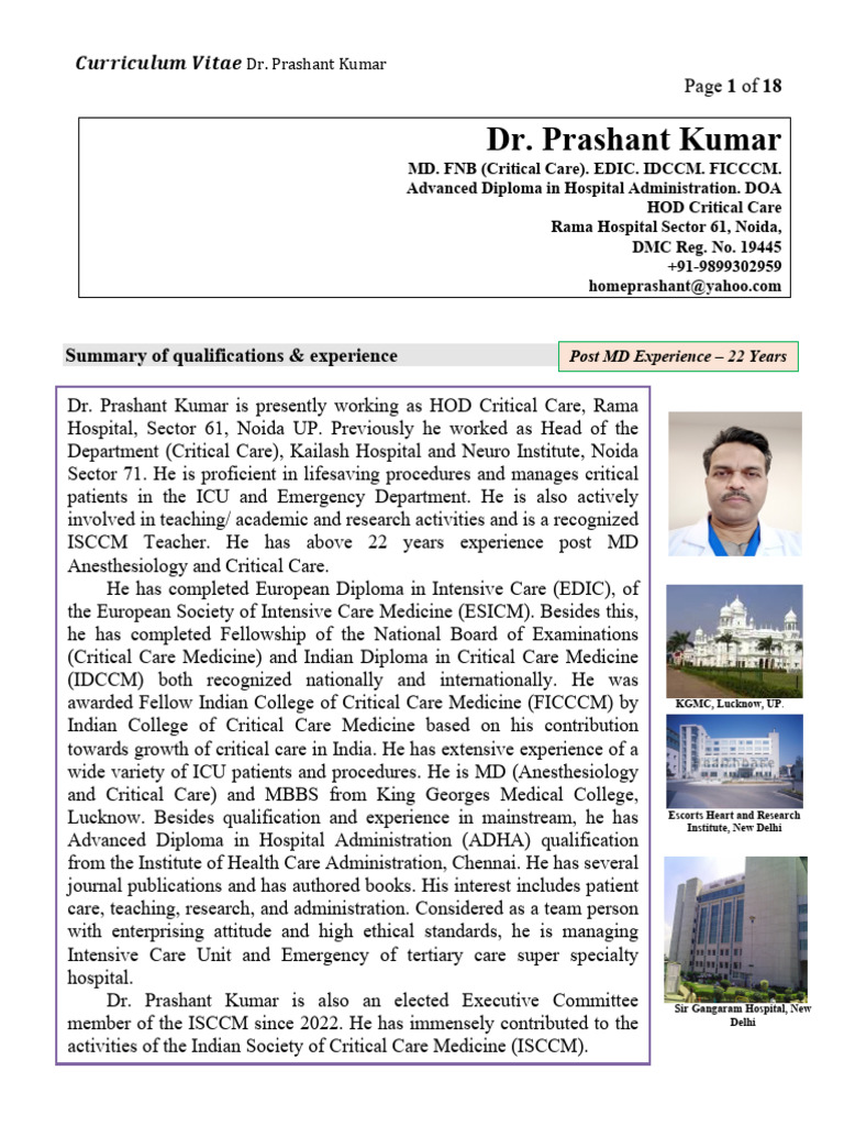 Dr. Prashant Kumar: Critical Care Expert | PDF | Intensive Care ...