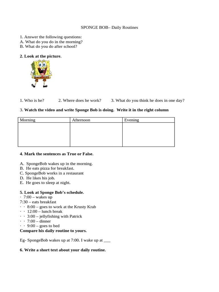 SpongeBob's Daily Routine Activities | PDF
