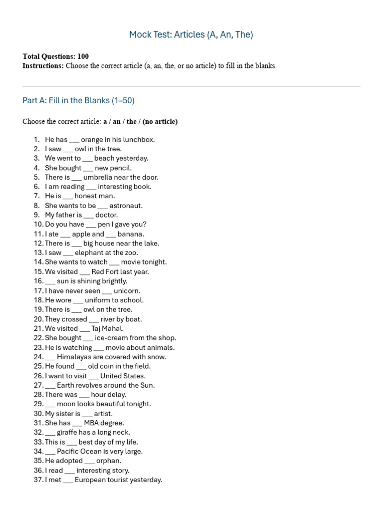 Articles Mock Test: A, An, The | PDF
