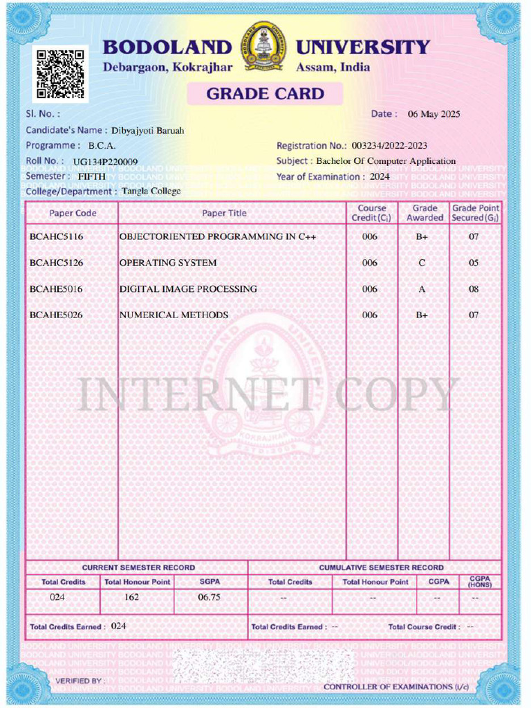 5th Sem Marksheet | PDF