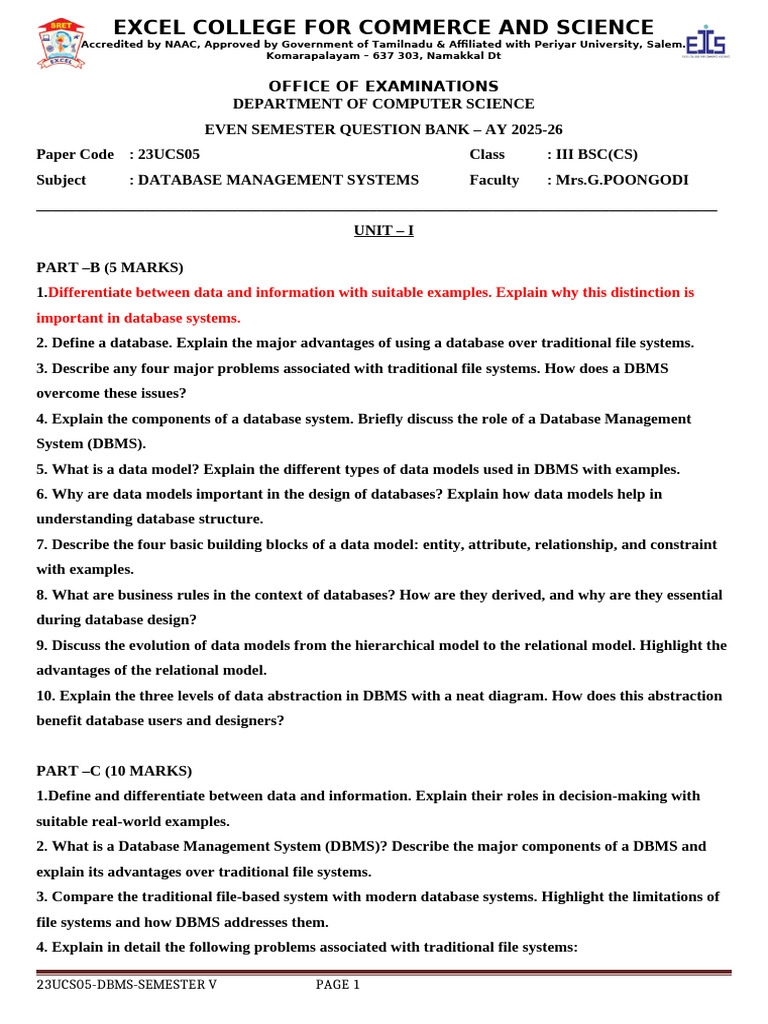 Database Management Systems Question Bank | PDF | Relational Database ...