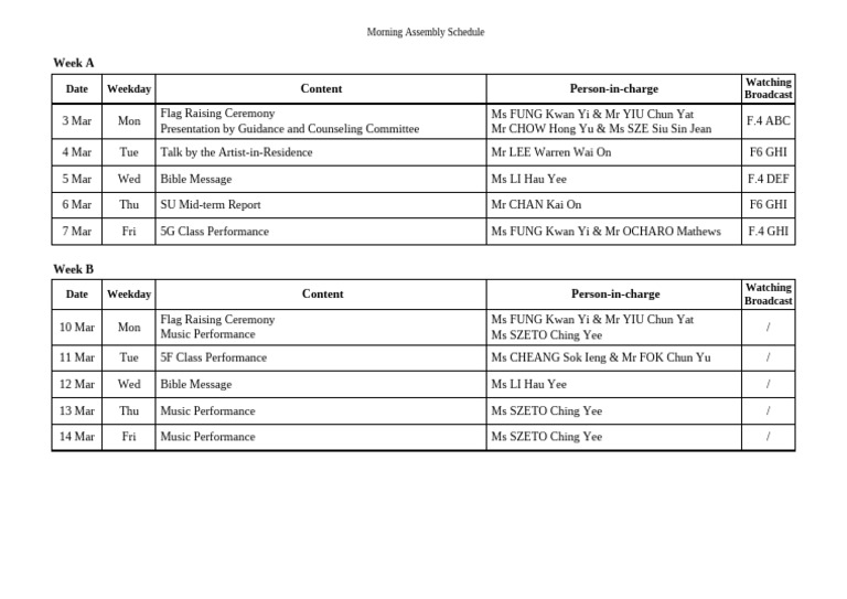 Assembly Schedule (3 Mar - 14 Mar) | PDF