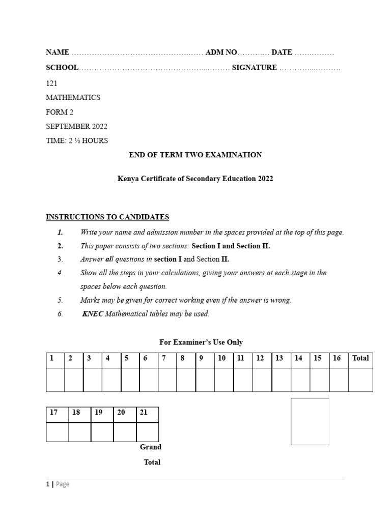 Form 2 Mathematics Exam Paper 2022 | PDF | Area | Triangle