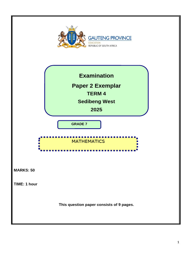 Grade 7 Maths Term 4 Exam 2025 | PDF | Rectangle | Area