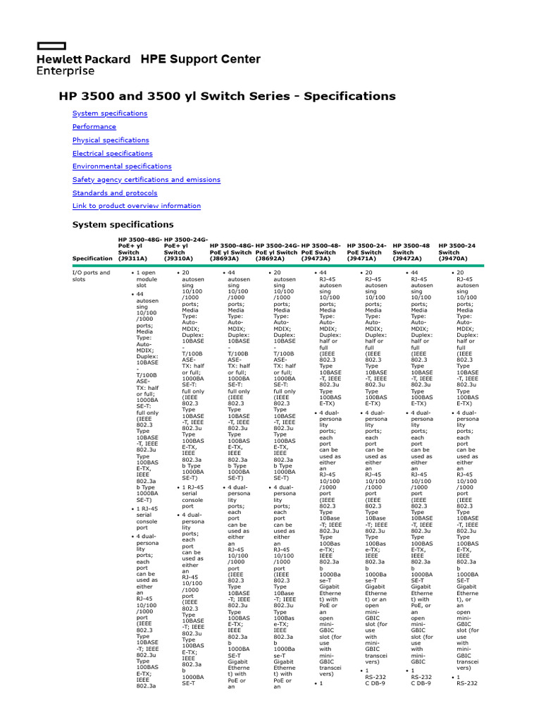HP 3500 yl Switch Series Specs | PDF | Internet Protocols | Computer ...