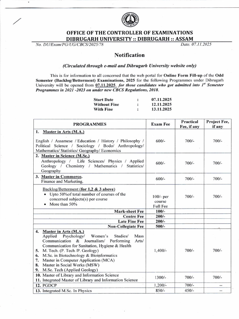 Dibrugarh University 2025 Exam Notification | PDF