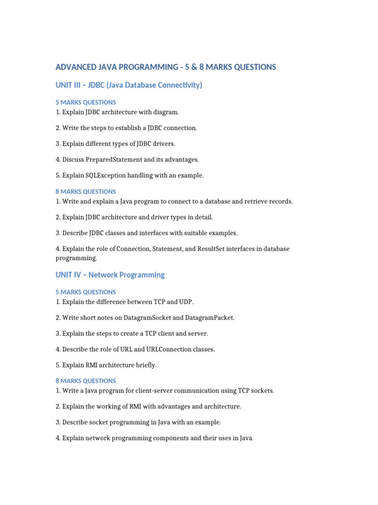 Advanced Java Programming 5and8Marks Questions | PDF