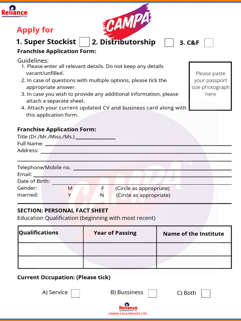 Campa Cola Franchise Application Form | PDF | Business