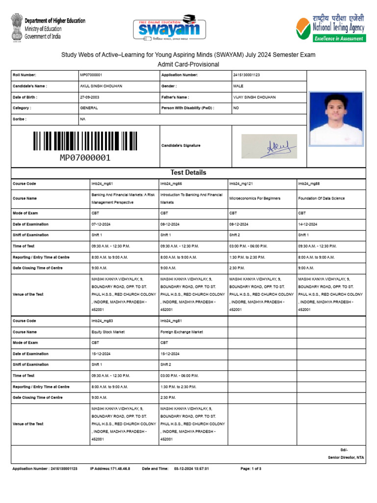 Swayam July 2024 Semester 3.12.24 | PDF | Identity Document