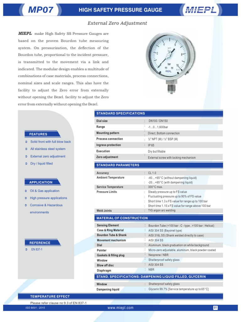 High Safety Pressure Gauge Specifications | PDF | Pressure Measurement ...