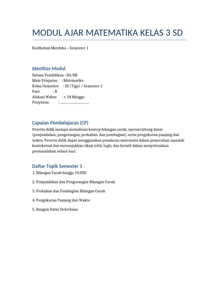 Modul Ajar Matematika Kelas 3 SD | PDF