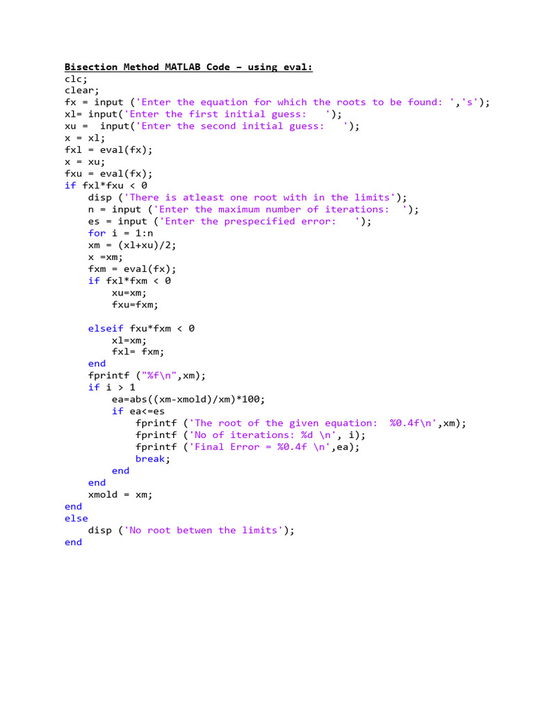 MATLAB Root-Finding Methods Code | PDF | Mathematical Relations ...