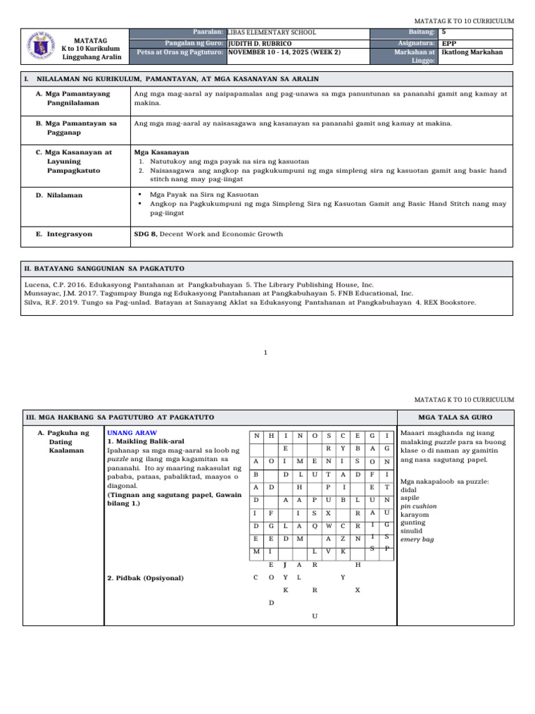 DLL Matatag - Epp 5 q3 w2 | PDF