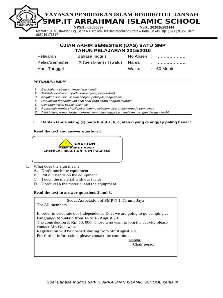 English Exam Questions for SMP IT Arrahman | PDF