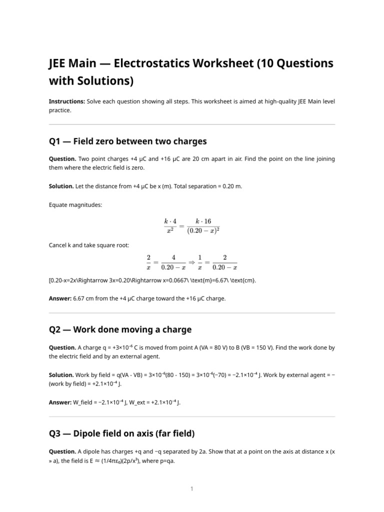 JEE Main Electrostatics Practice Worksheet | PDF | Capacitance ...