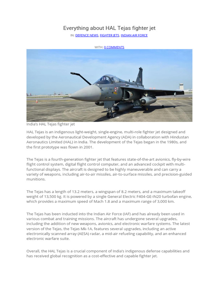 HAL Tejas Fighter Jet Overview | PDF | Fighter Aircraft | Aviation