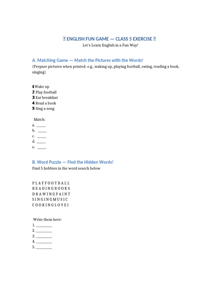Fun English Activities for Class 5 | PDF