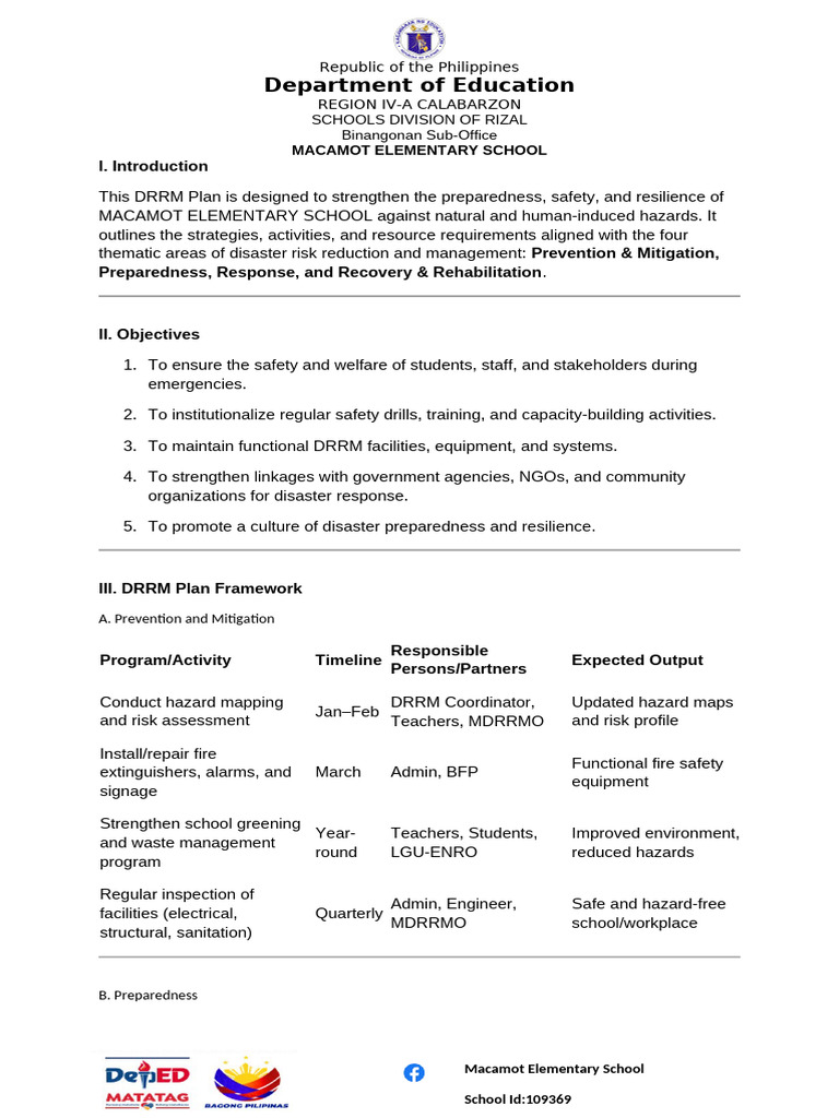 Macamot Elementary School DRRM Plan | PDF | Emergency Management ...
