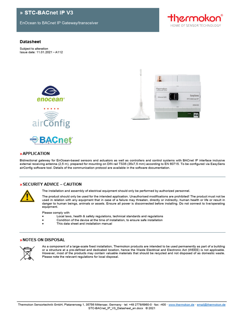 EnOcean to BACnet IP Gateway Datasheet | PDF | Computer Network | Ip ...
