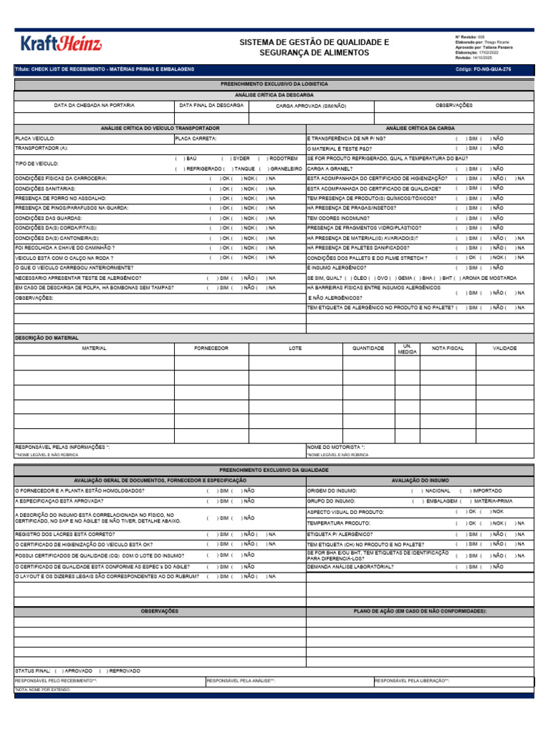 Check List Recebimento de Cargas | PDF