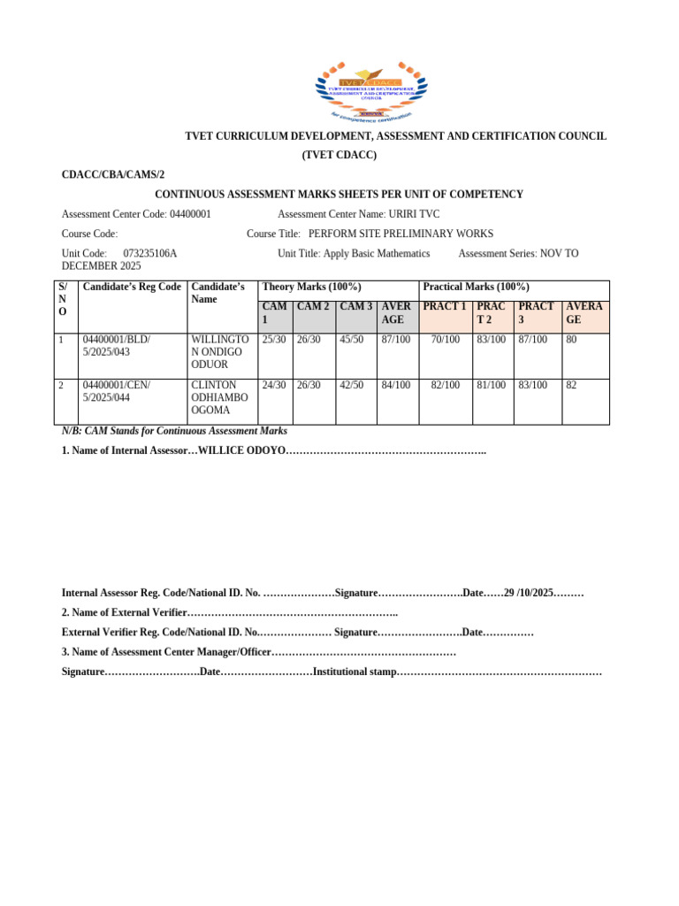 TVET Continuous Assessment Marks Sheet | PDF