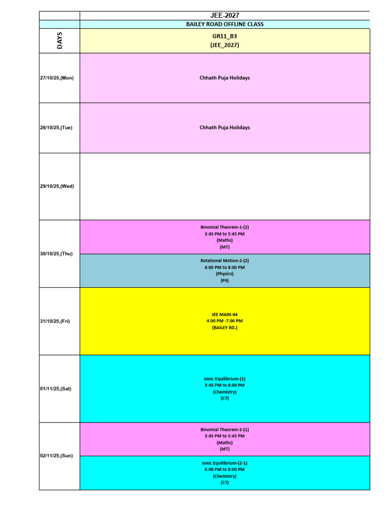 JEE 2027 Class Schedule and Topics | PDF
