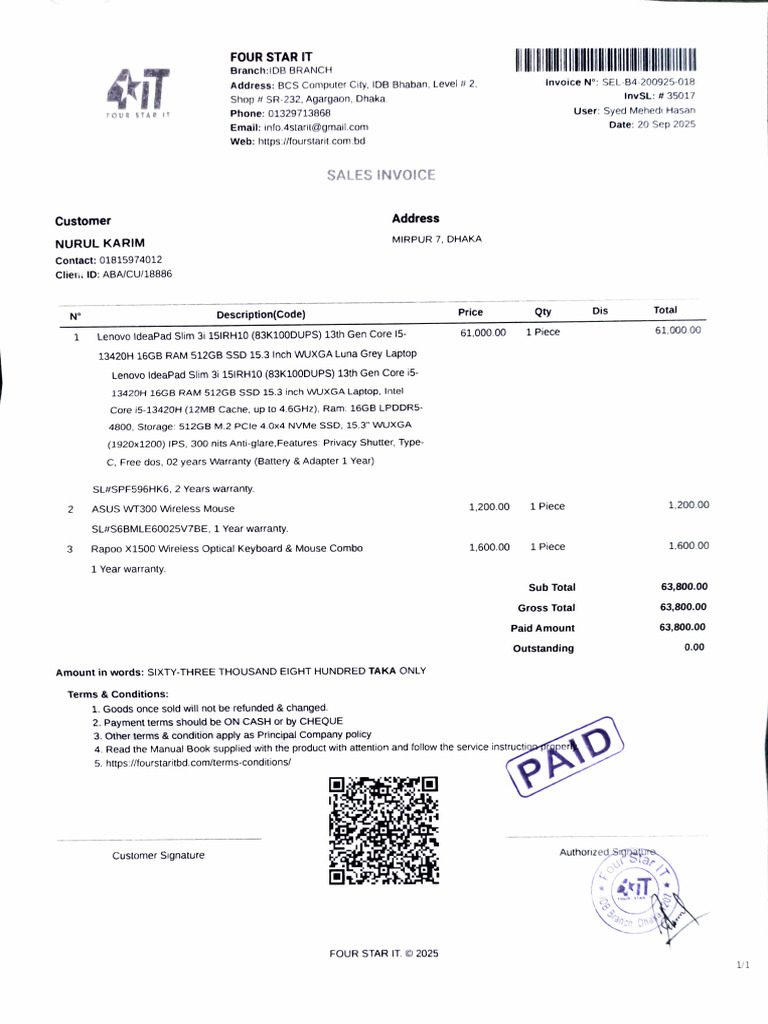 Invoice for Lenovo Laptop Purchase | PDF | Laptop | Portable Computers