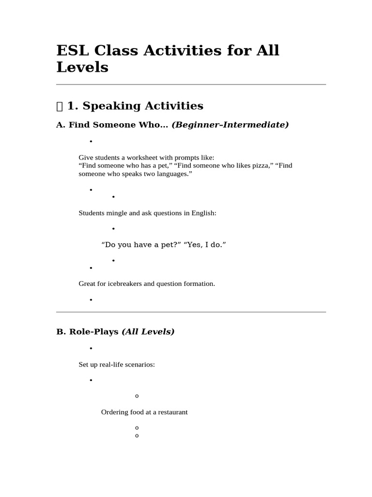 Engaging ESL Activities for All Levels | PDF | Reading Comprehension ...