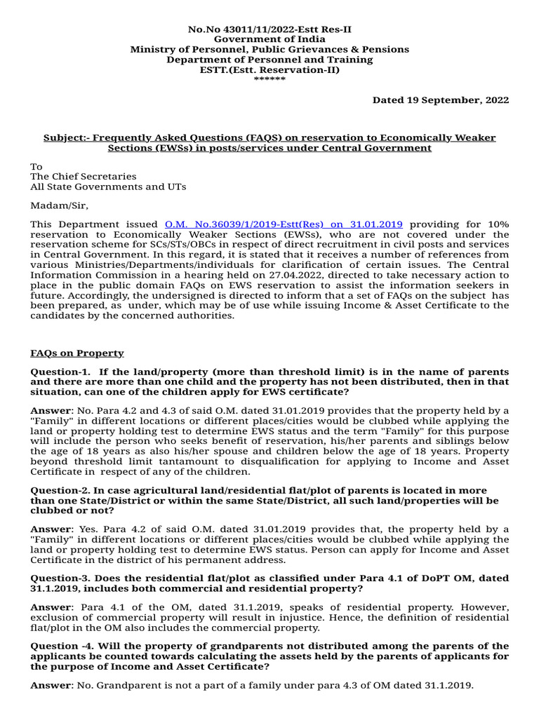 EWS Reservation FAQs for Central Government | PDF | Politics Of India ...
