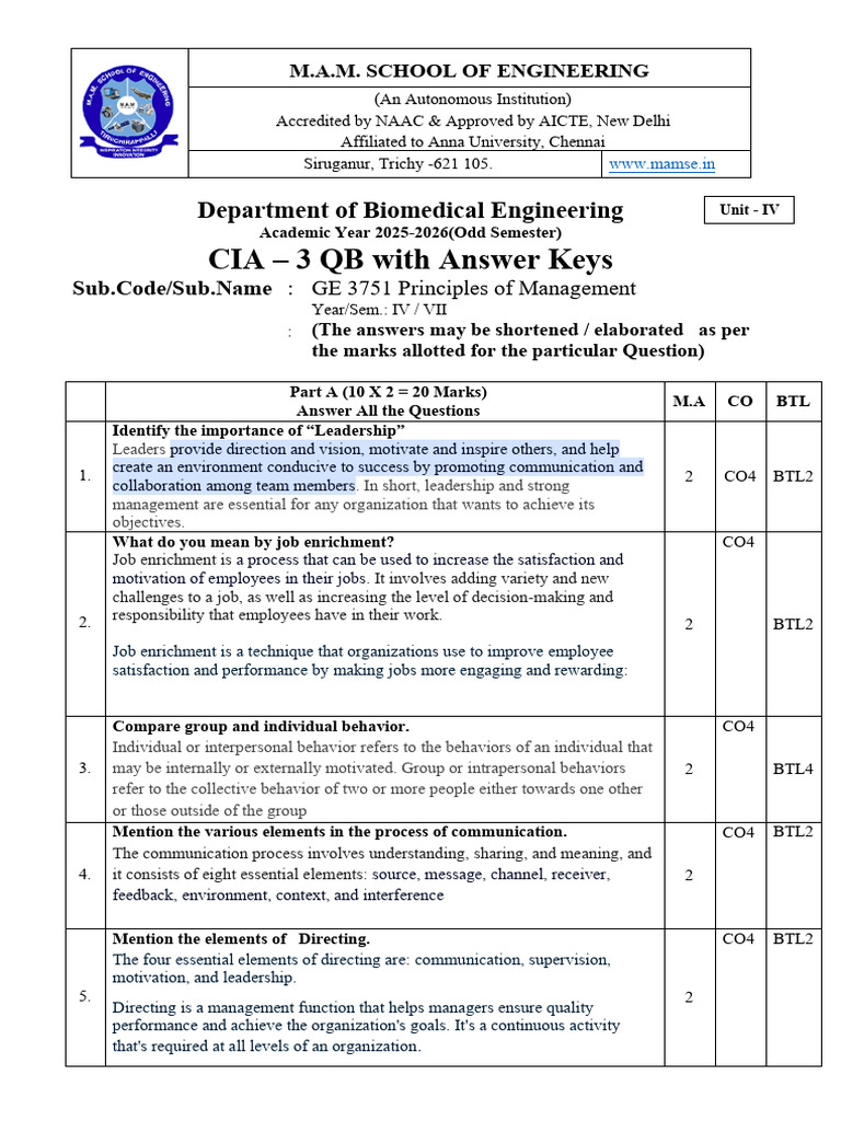 CIA 3 QB With Answer Keys: Department of Biomedical Engineering | PDF ...