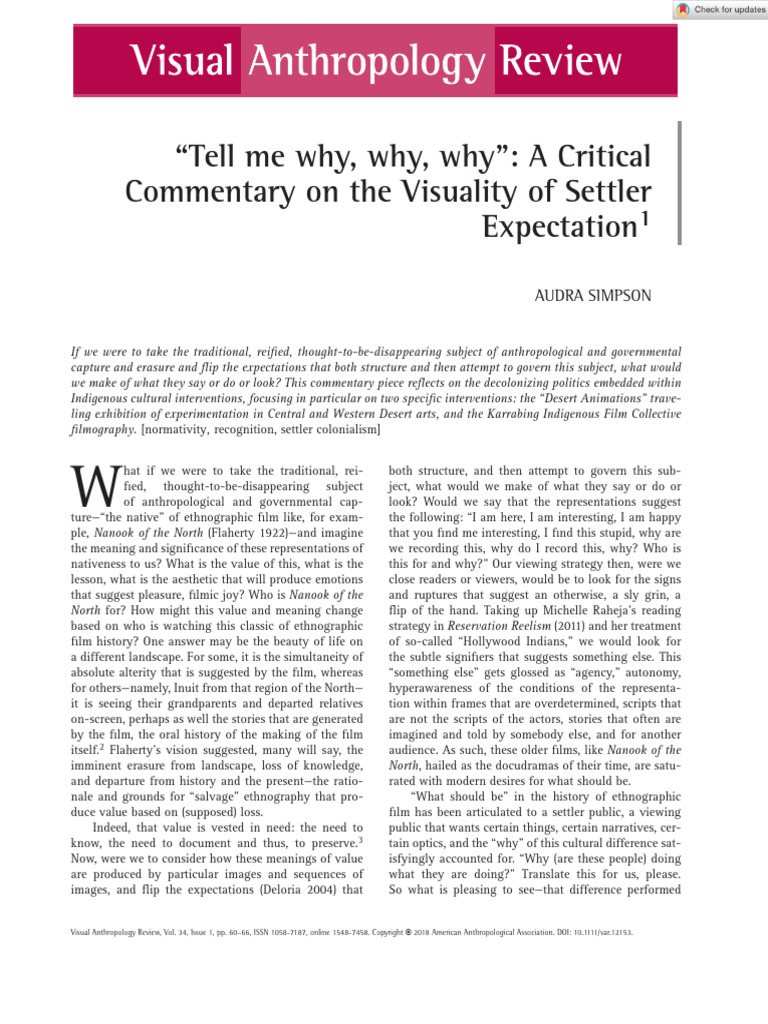 Visual Anthropology Review - 2018 - Simpson - Tell Me Why Why Why A ...