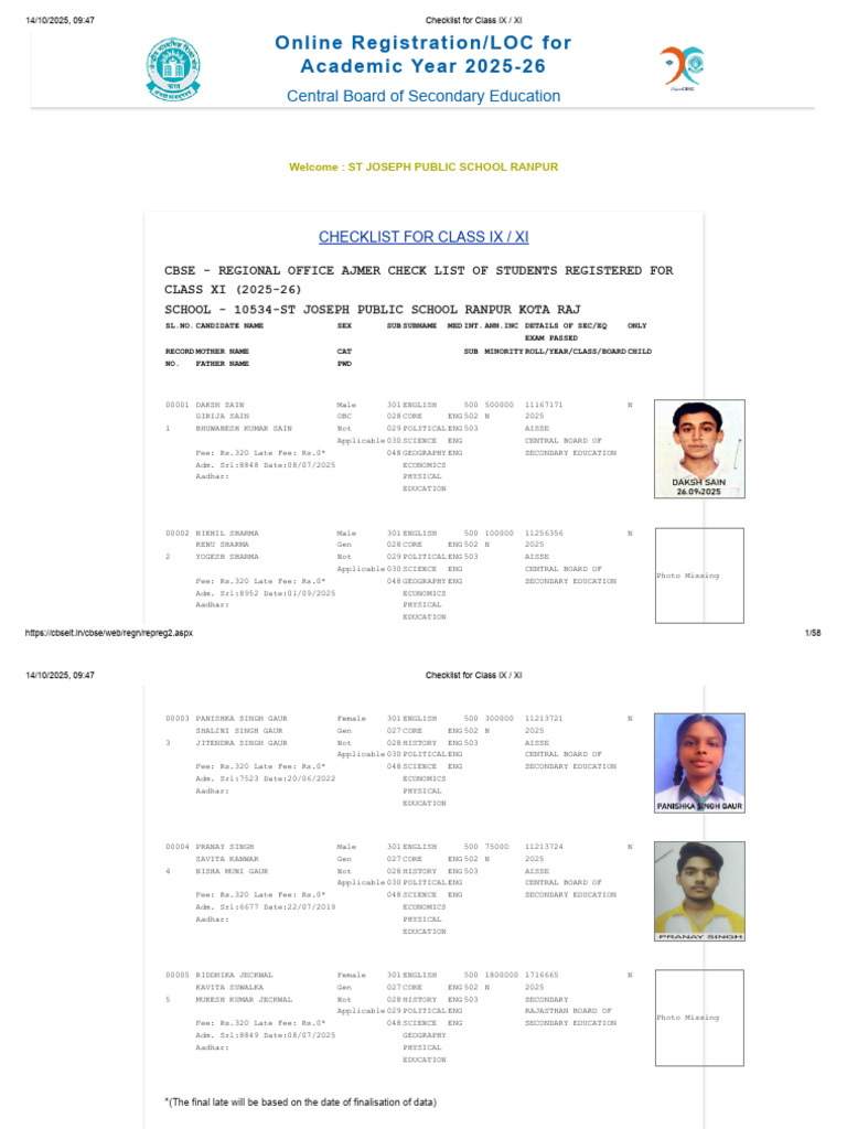 Class XI Registration Checklist 2025-26 | PDF | Adolescence ...