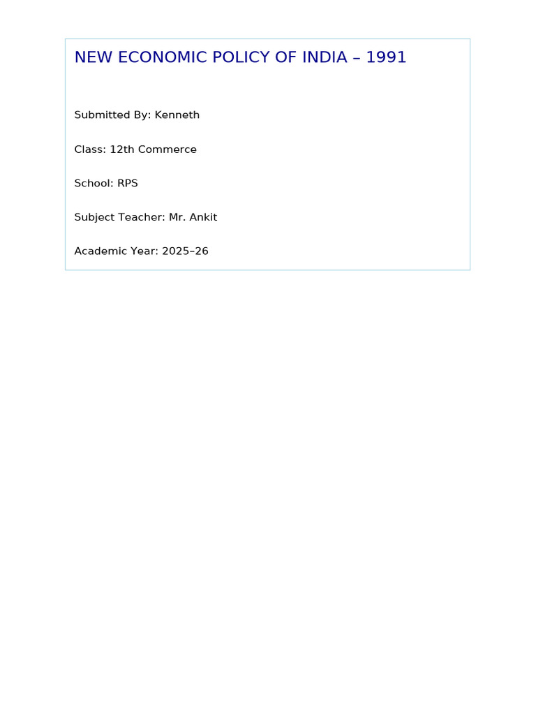 New Economic Policy India 1991 Overview | PDF
