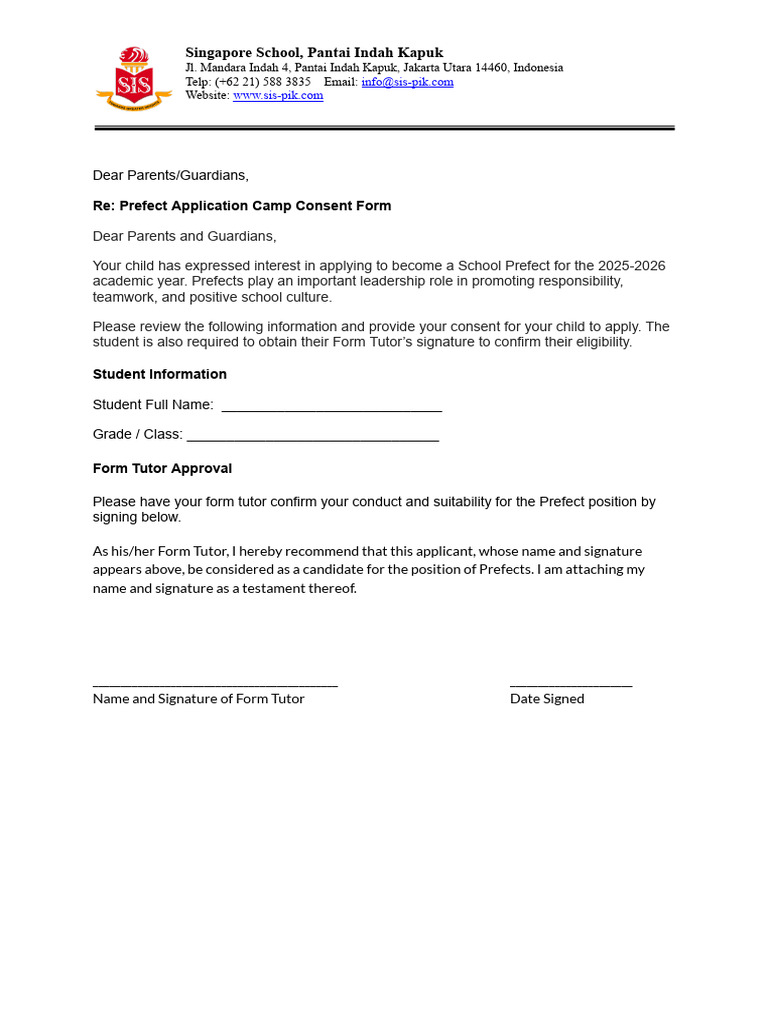 Prefect Application Consent Form 2025-2026 | PDF | Family
