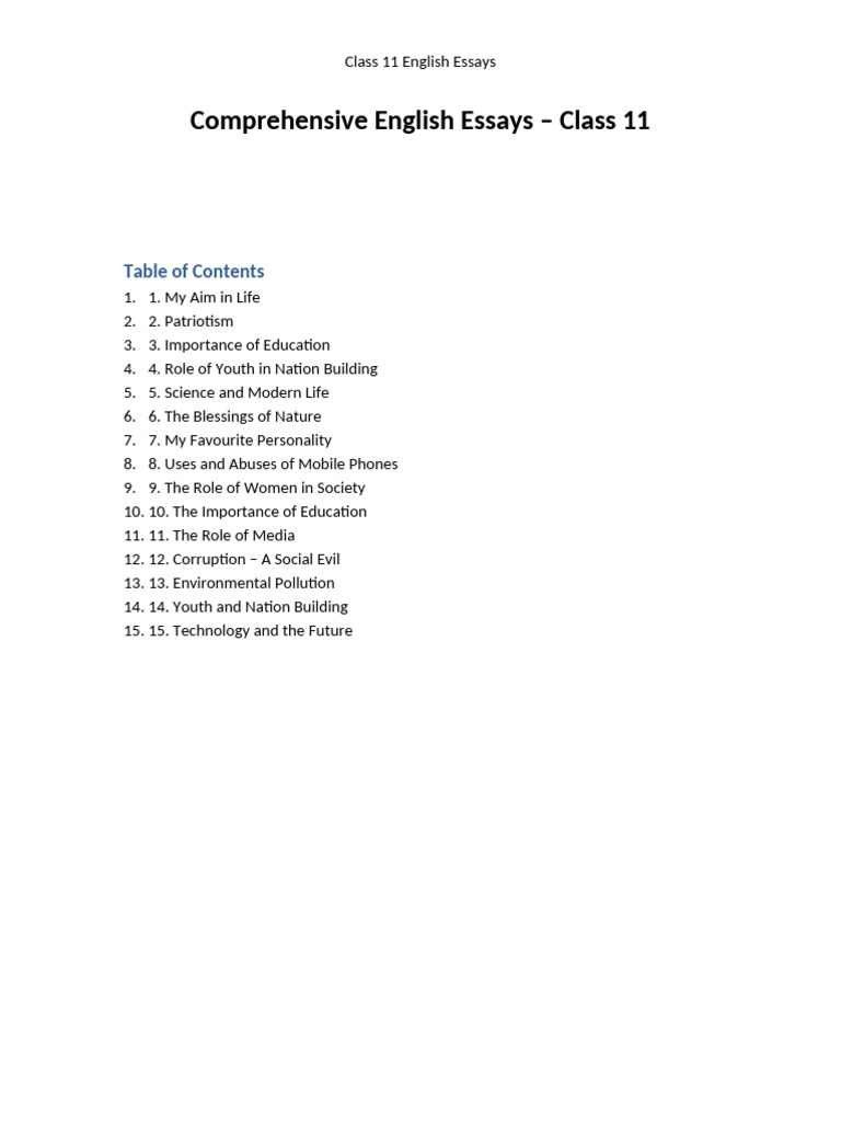 Comprehensive English Essays Class11 Calibri | PDF | Disciplines | Goal