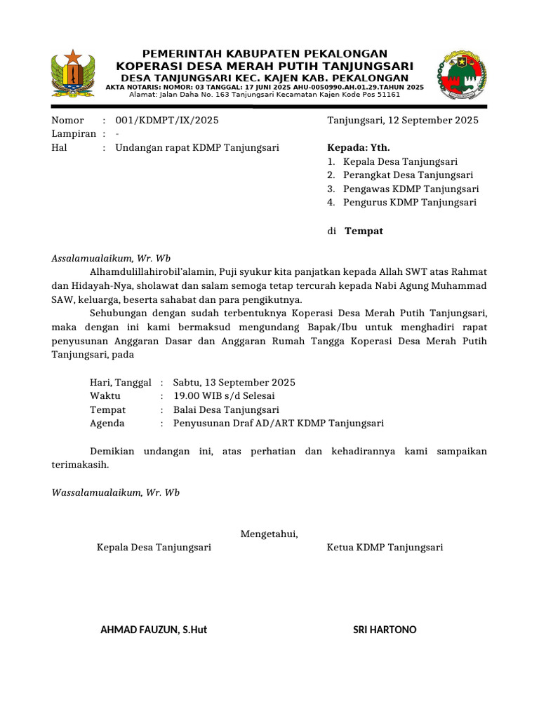 Undangan Rapat KDMP Tanjungsari 2025 | PDF