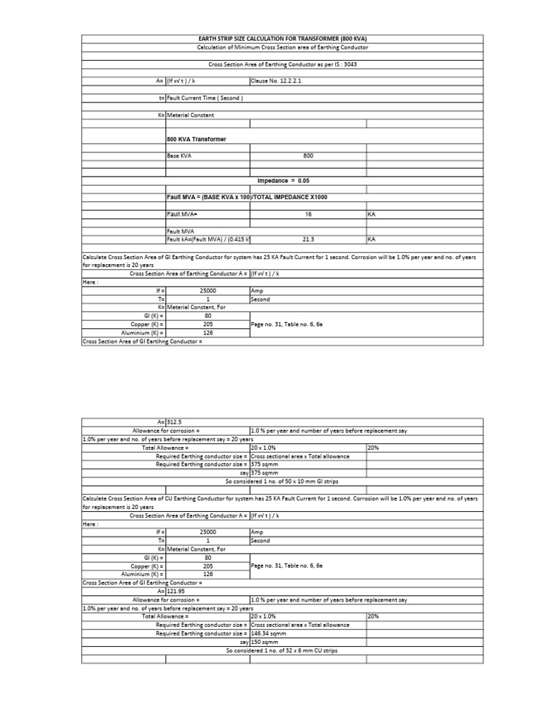 Earthing Conductor Size Calculation for 800 KVA Transformer | PDF ...