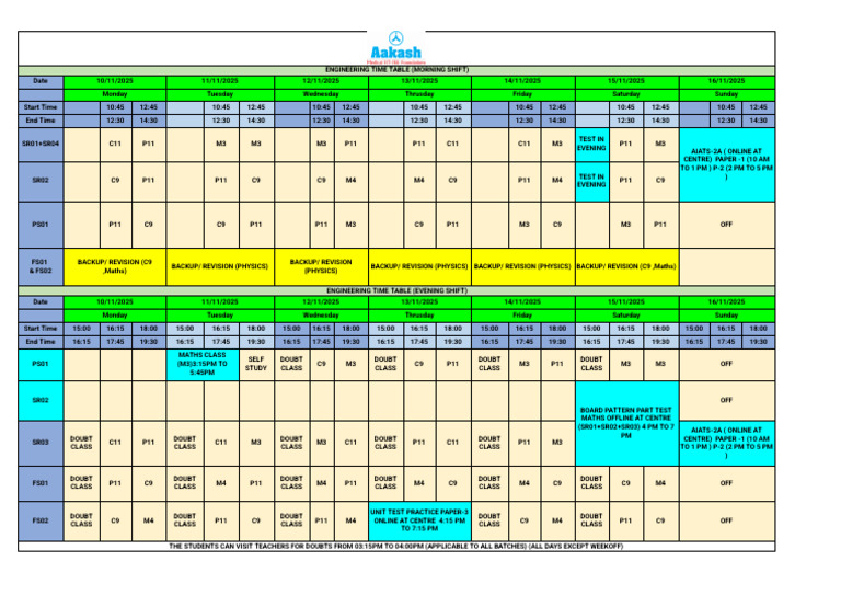 Engineering Time Table: Morning & Evening | PDF
