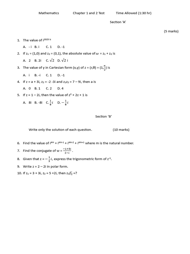 Mathematics Test: Complex Numbers & Induction | PDF