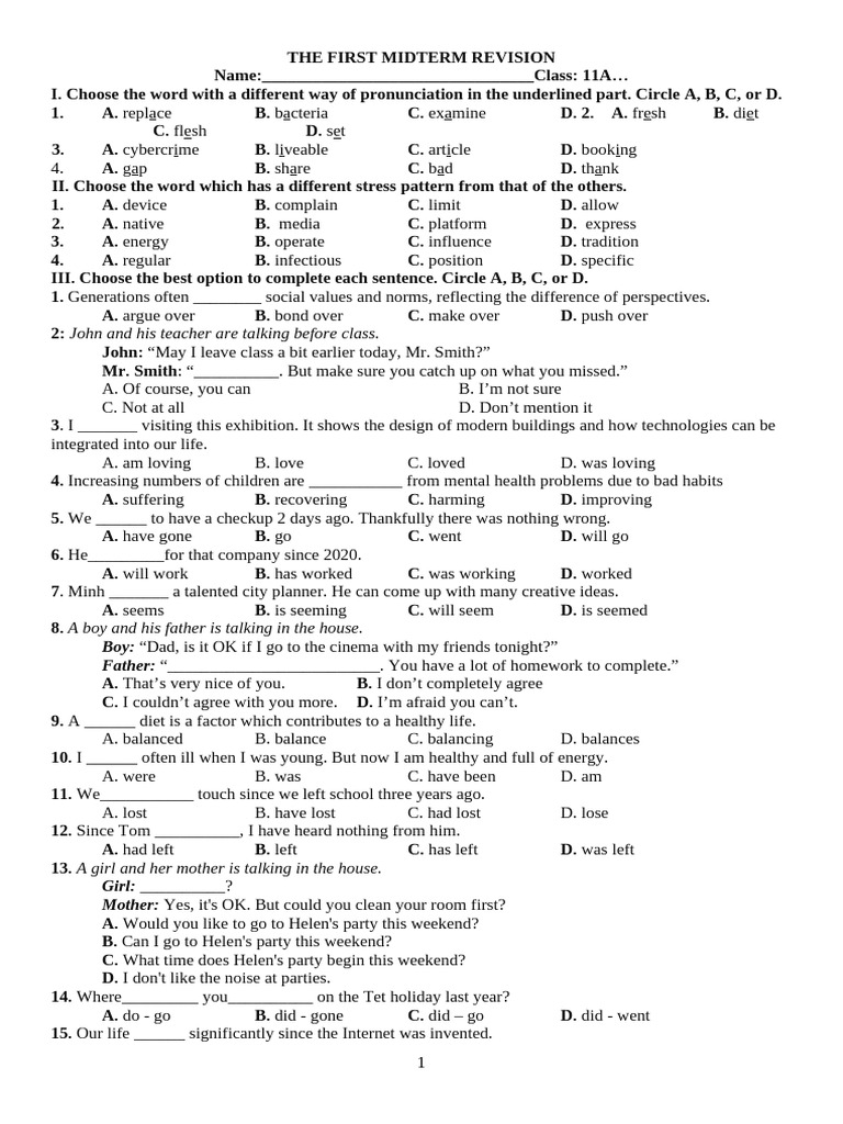 Midterm Revision for Class 11A | PDF | Asana | Breathing