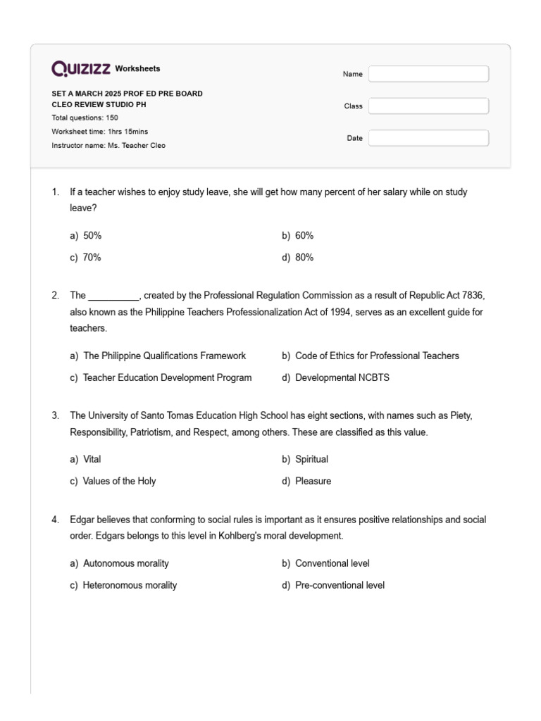 Set A Prof Ed March 2025 Teacher Cleo | PDF | Learning | Educational ...